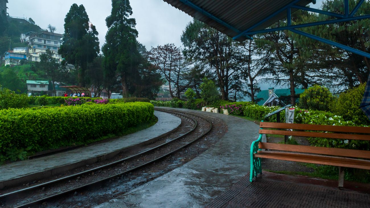 A shot of the 2-feet gauge of the Toy Train at the Batasia Loop station in Darjeeling after heavy rainfall 