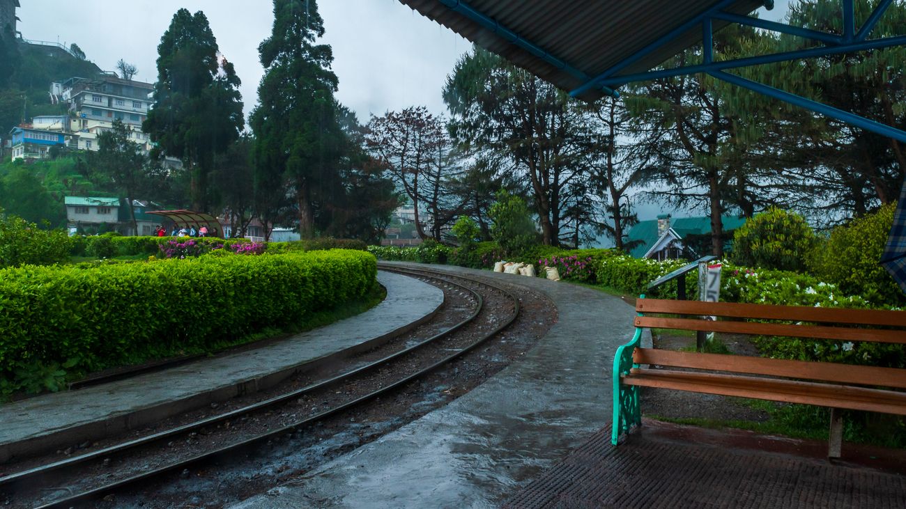 A shot of the 2-feet gauge of the Toy Train at the Batasia Loop station in Darjeeling after heavy rainfall
