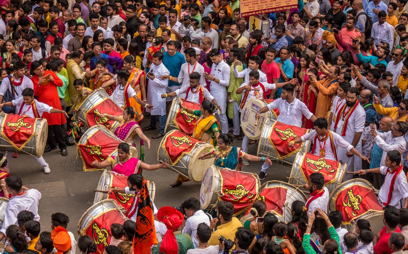 Annual Gudi Padhwa march (Marathi new year) at Girgaon, Maharashtra. Musicians and dancers from all across India zealously partake in this event. Mumbai festivals are organized around the principle of catharsis. The whole idea is to break out, and cut loose. Be it Ganesh Chaturthi, Diwali or Christmas, the festivals are celebrated with much fanfare and joy 