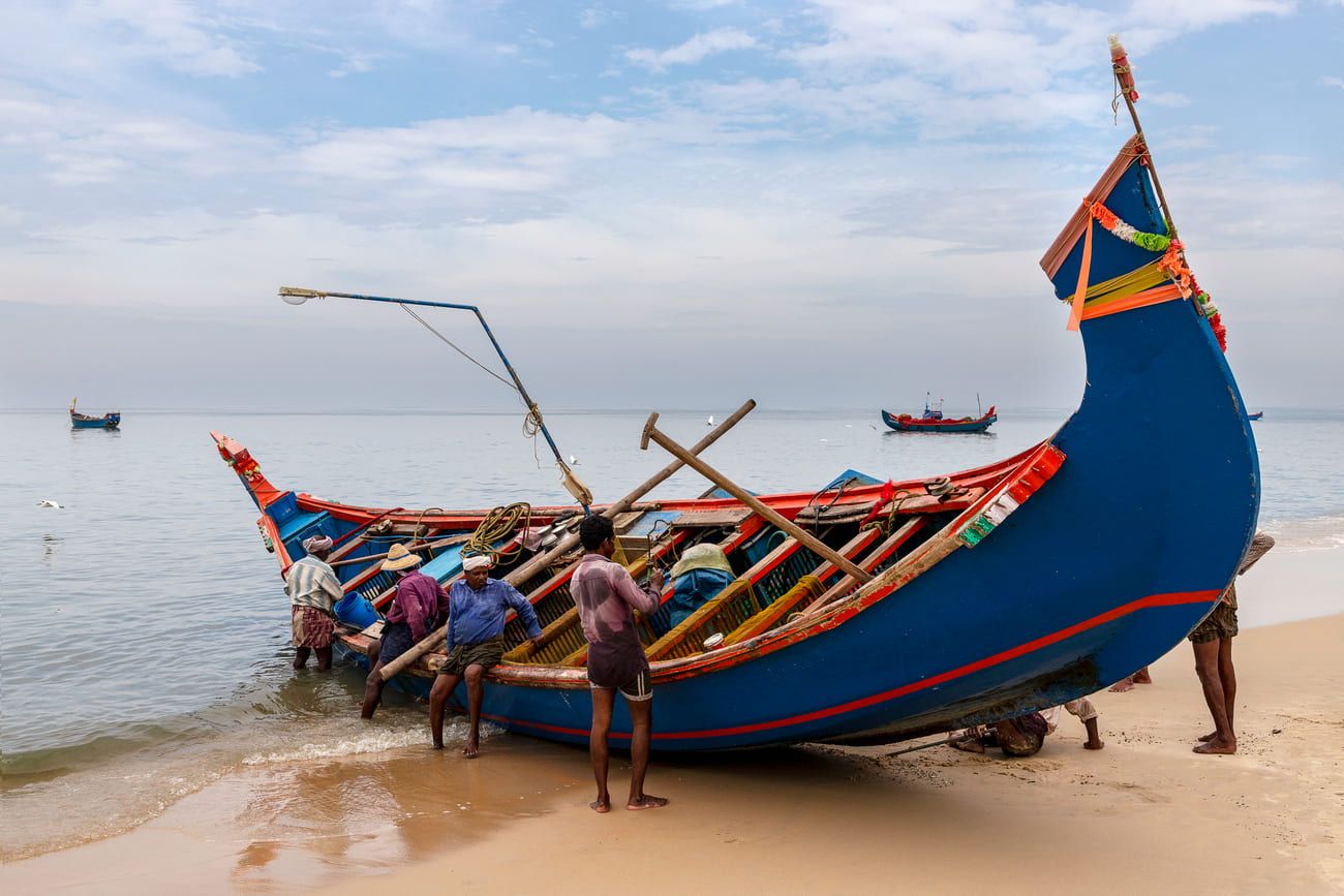 At sunrise Marari’s multicolored fishing boats sail out across the gentle waves. Late afternoon they make their return, laden with fresh seafood