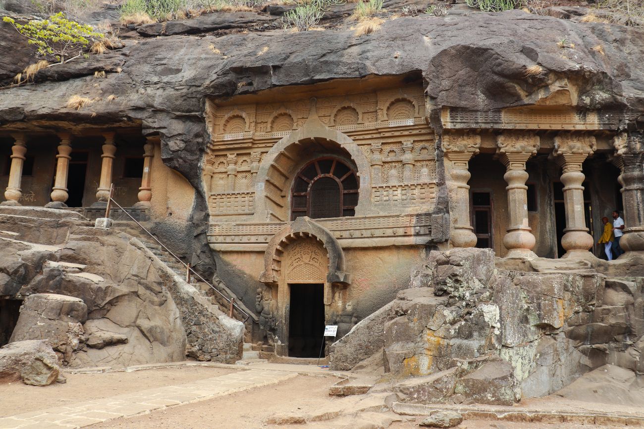 Front view of one of the 24 rock-cut Nashik or Pandavleni Caves, built by Hinayana Buddhists between the first and third centuries
