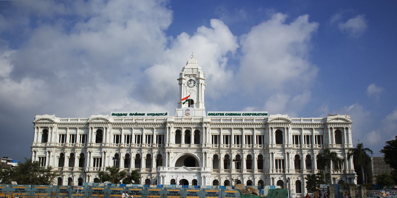 Against a blue and white canvass of clouds and sky, the all-white Ripon building, or Greater Chennai Corporation, paints a beautiful neoclassical picture