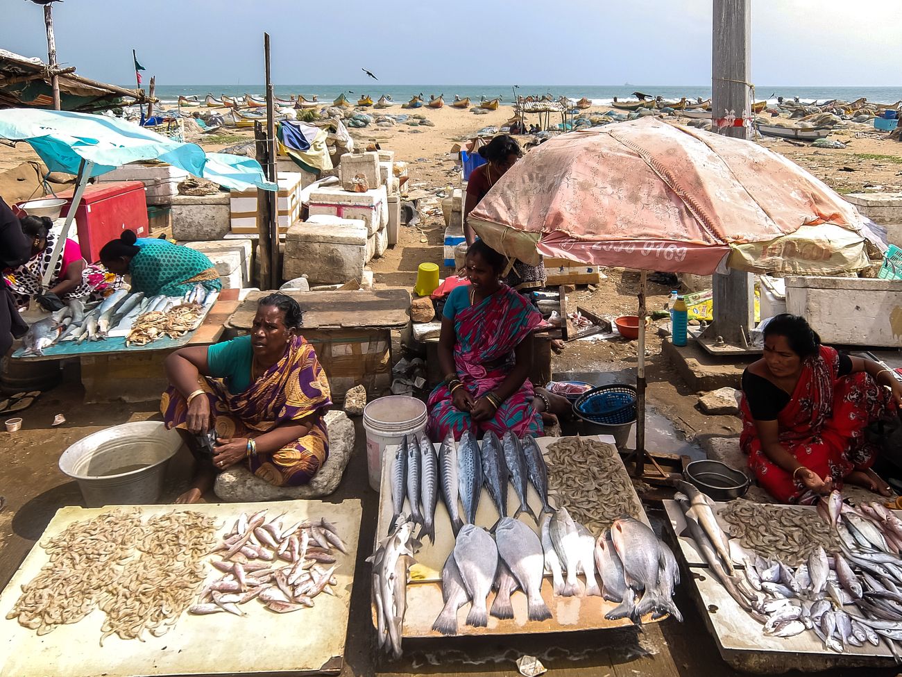 Local fishermen, with their colorful boats in the background, sell their catch at the street market