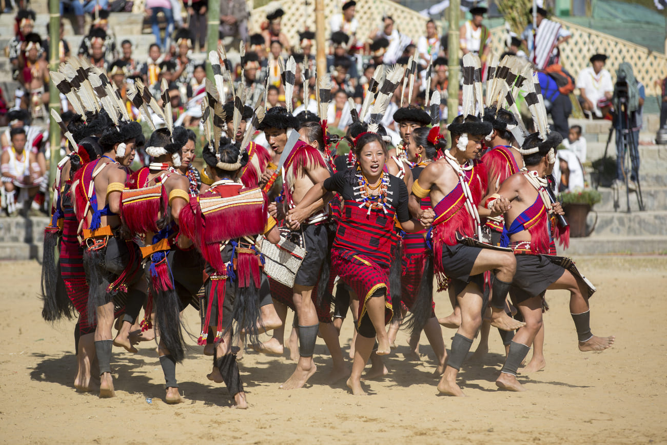 Members of the Nagaland tribe perform energetic traditional dances during the yearly Hornbill Festival, also known as the Festival of Festivals