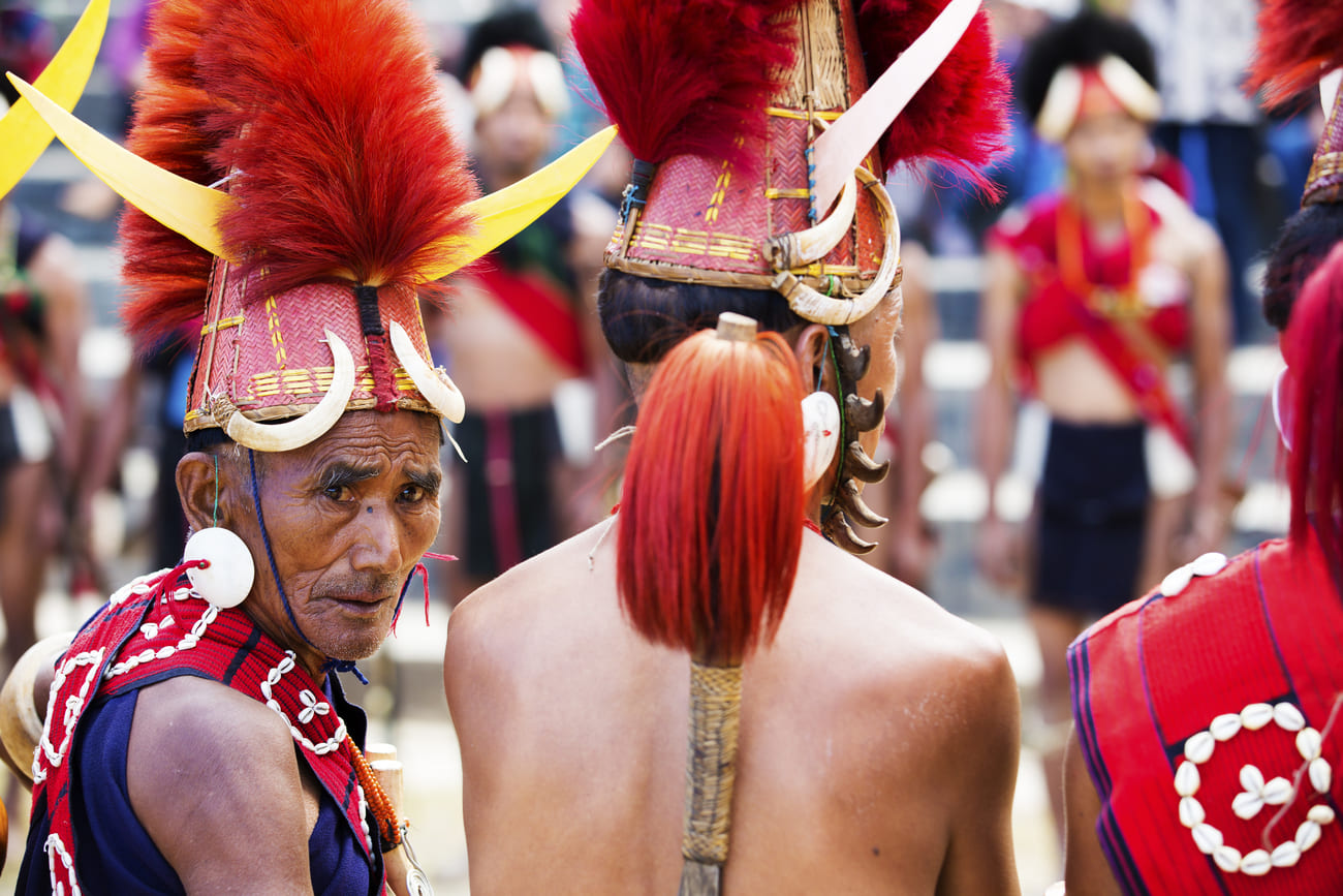 Nagaland tribesmen in their spectacular traditional attire during the Hornbill Festival 