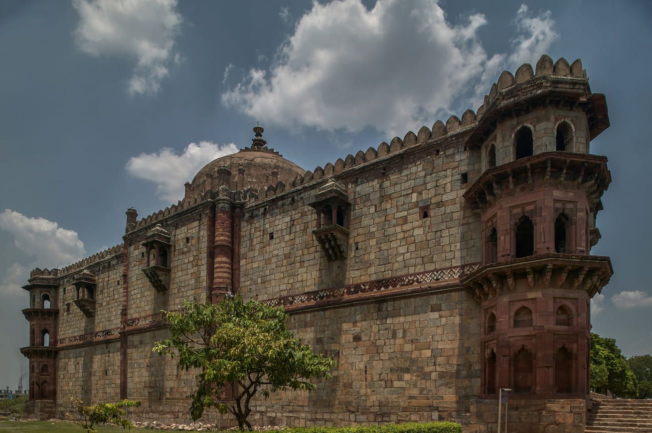 Rear view of the Qila Kuhna Masjid (Mosque) inside the Purana Qila (the Old Fort) in Delhi, India 