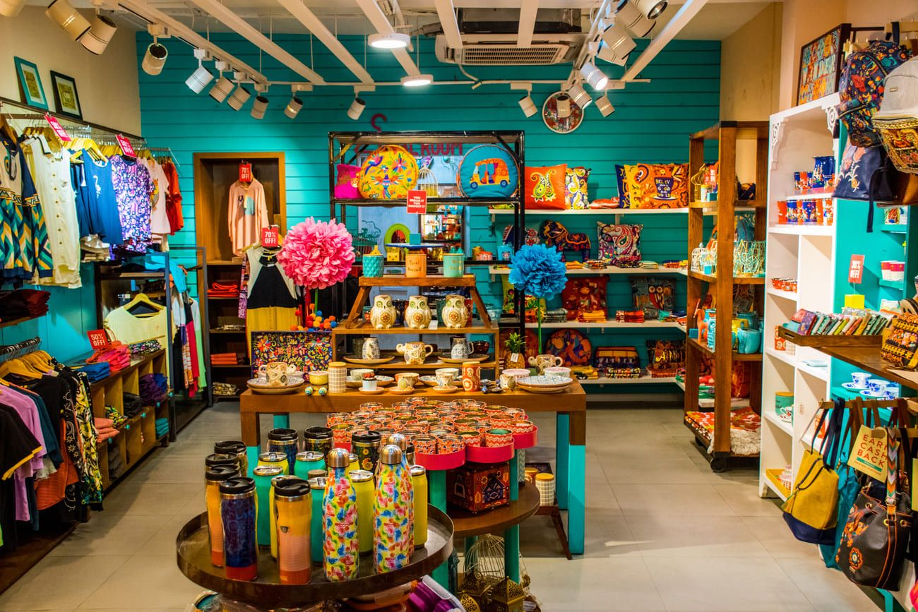 The colorful interior of an art shop in the Hauz Khas Village, a popular tourist attraction in Delhi