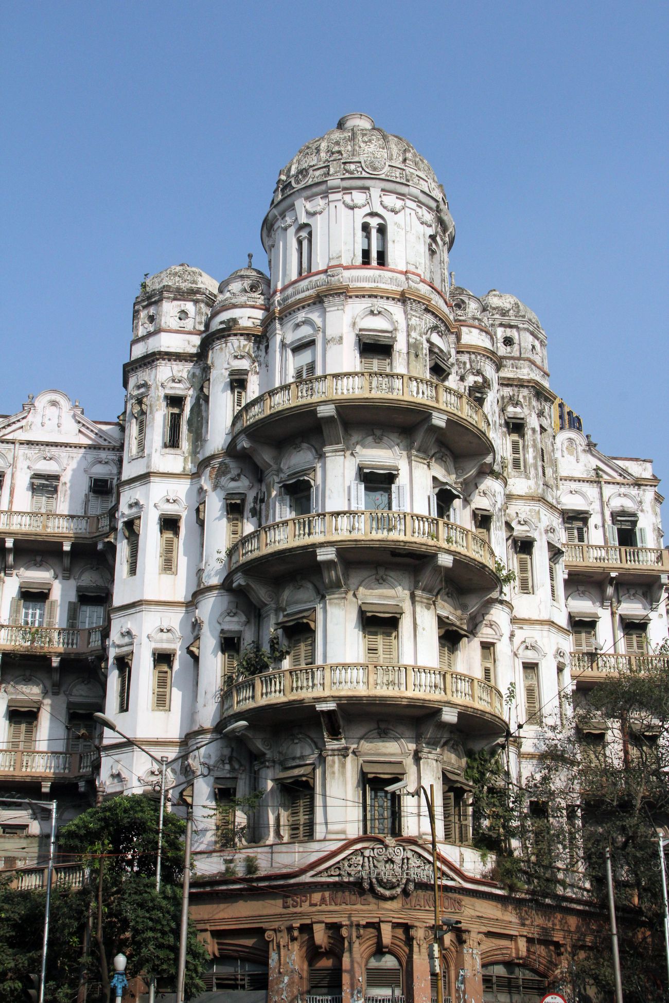 The facade of the illustrious Esplanade Mansion, constructed during the colonial era, in Kolkata, West Bengal