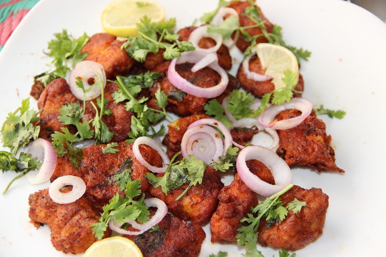 The famous deep-fried, spicy Chicken 65, first served at the Buhari Hotel in Chennai as a starter or snack