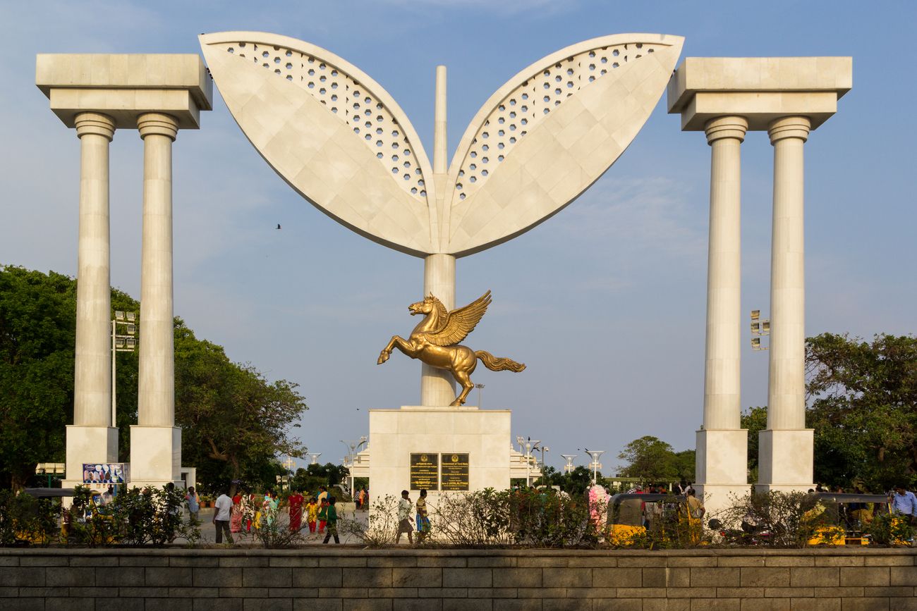 The golden Pegasus statue at Stela Gate on the beachfront, lends a Grecian touch to the entrance. The winged horse has become the symbol of modern Chennai