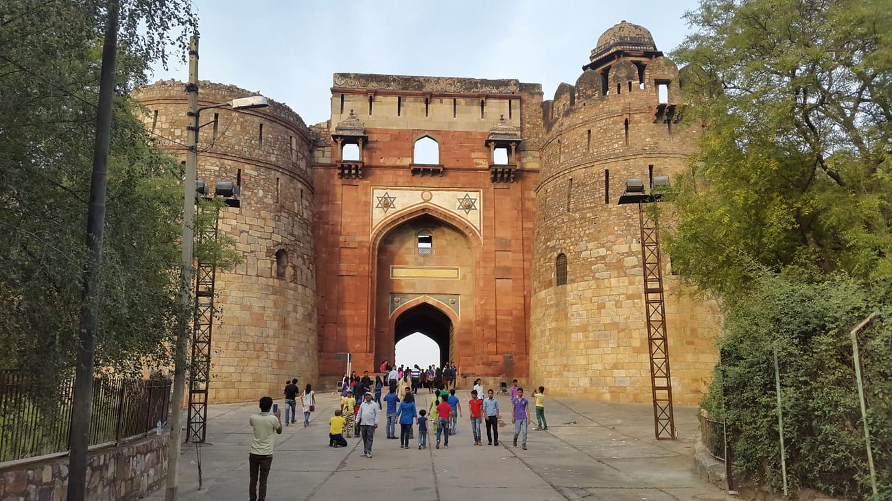 It is common to find old monuments strewn across public places and parks in Delhi. In the picture the grand entrance of Purana Quila in New Delhi can be seen 