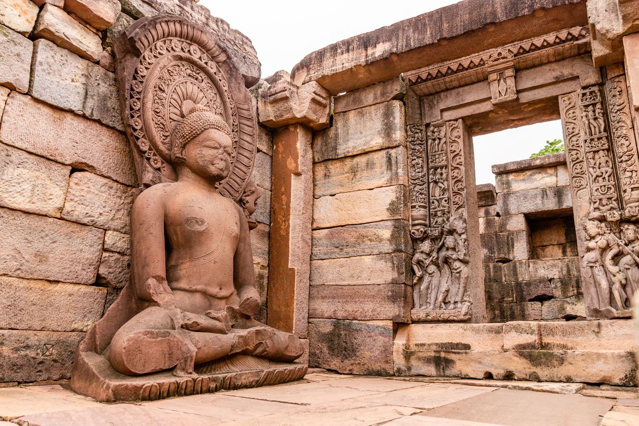 The idol of Buddha at the Sanchi Stupa in Sanchi, near Bhopal in Madhya Pradesh 