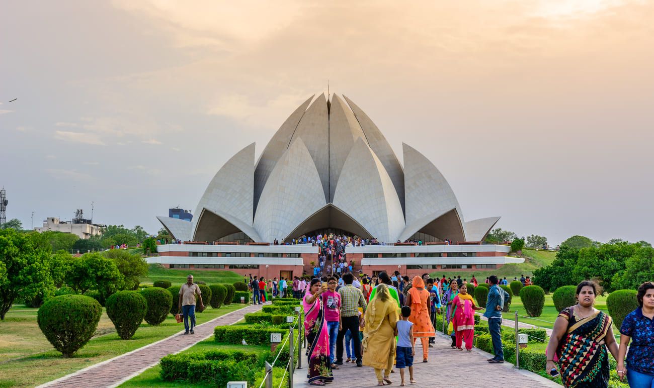 The Lotus Temple, so named because of its lotus-like structure, a Bahai House of Worship, at sunset in New Delhi, India
