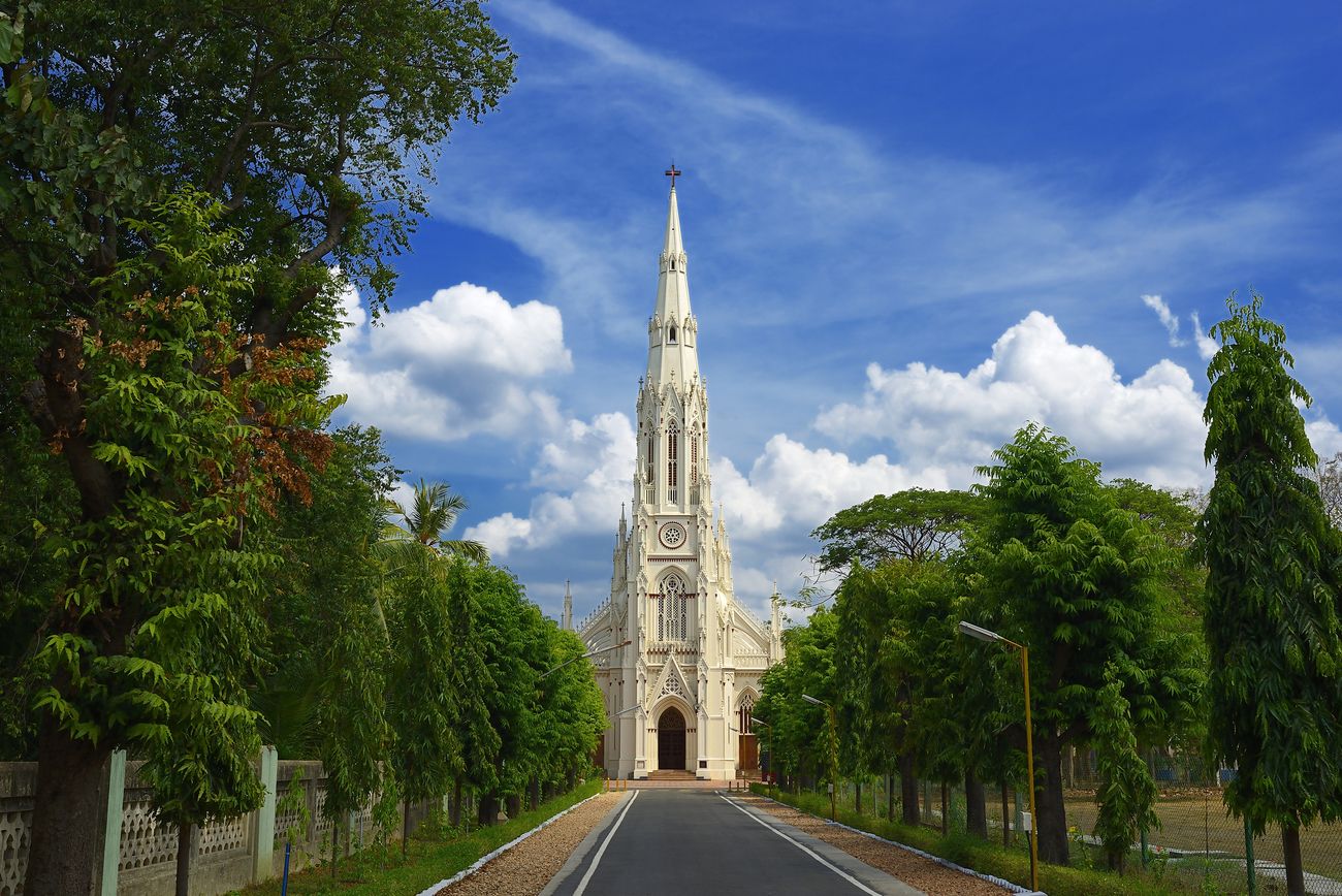 The spotless white exterior of the Gothic Loyola Cathedral in Chennai