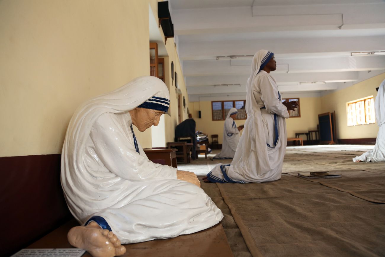 The statue of Mother Teresa in her prayer pose at the Chapel of the Mother House in Kolkata 