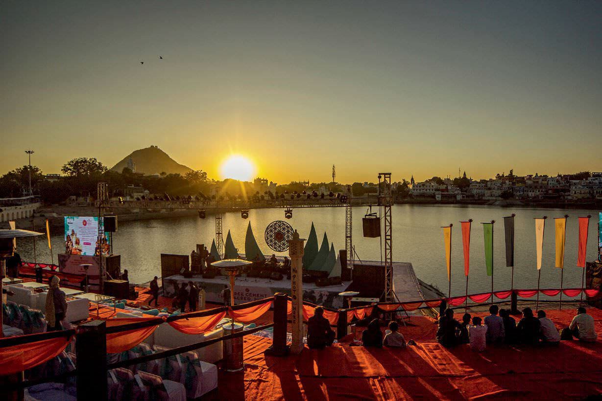 The sun sets over holy Lake Pushkar, the perfect setting for the Sacred Pushkar Festival. 
