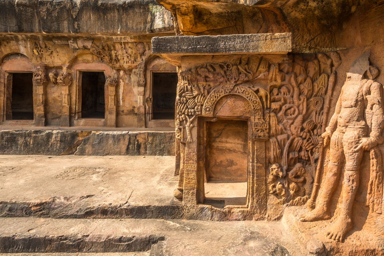 The view from the Warrior sculpture in Rani Gumpha caves of the Udayagiri caves complex in Bhubaneswar, Odisha 