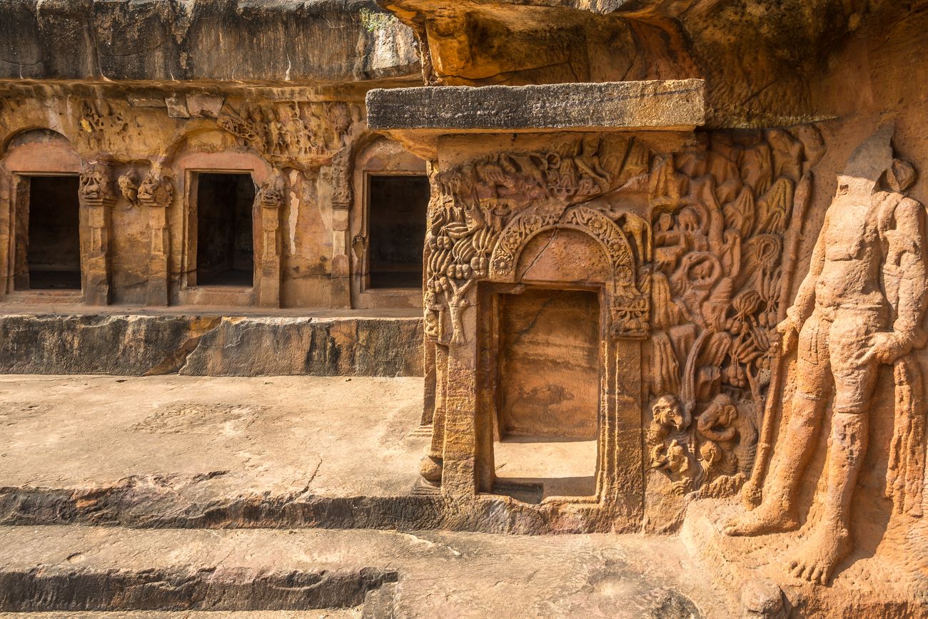 The view from the Warrior sculpture in Rani Gumpha caves of the Udayagiri caves complex in Bhubaneswar, Odisha