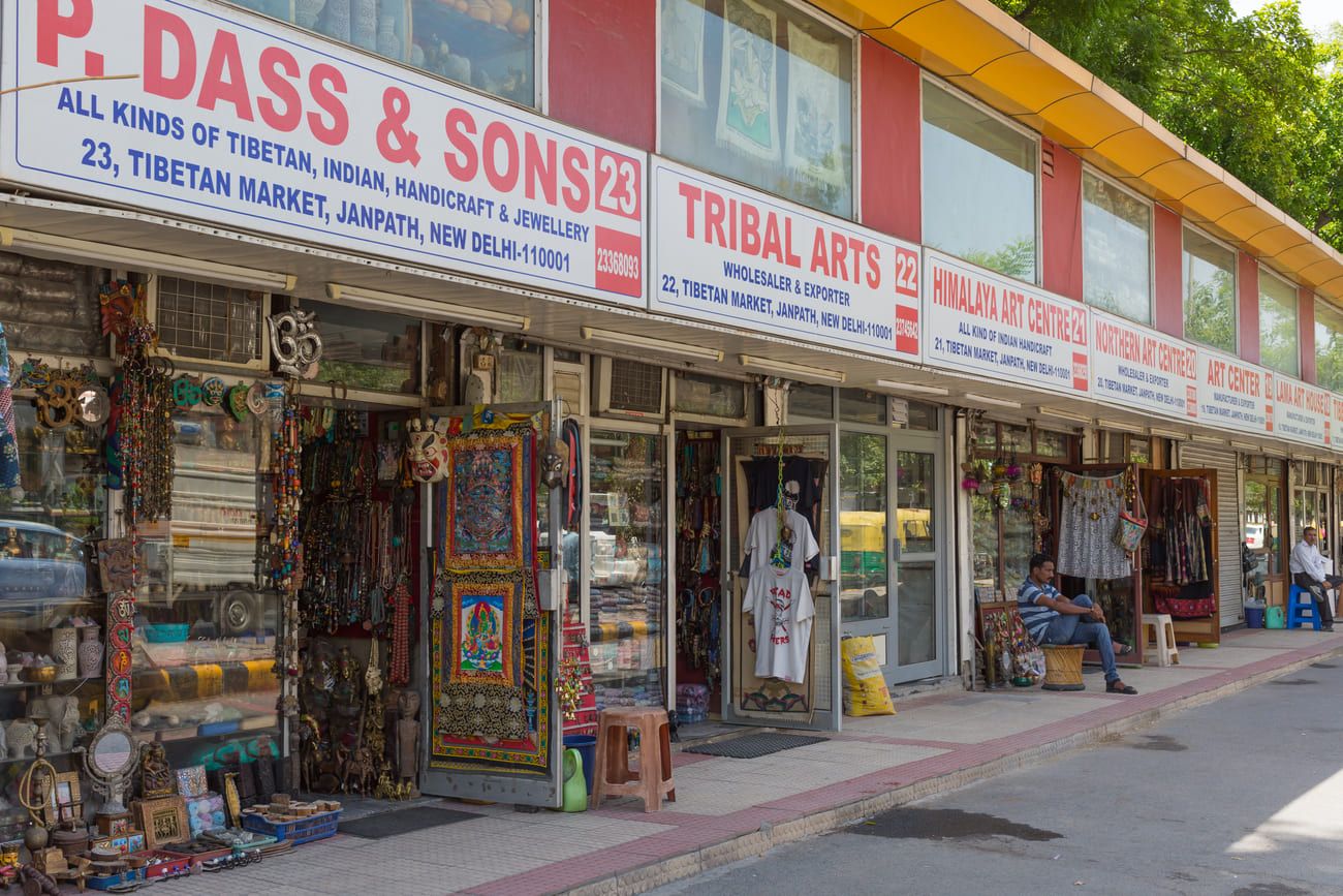 Tibetan artifacts shops in the Janpath Market in New Delhi, India