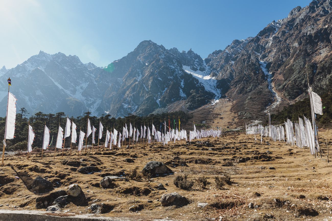 Tibetan prayer flags standing in a grass field in the cold wind of the winter season in Yumthang Valley; Buddhism is the commonly practiced religion in the area