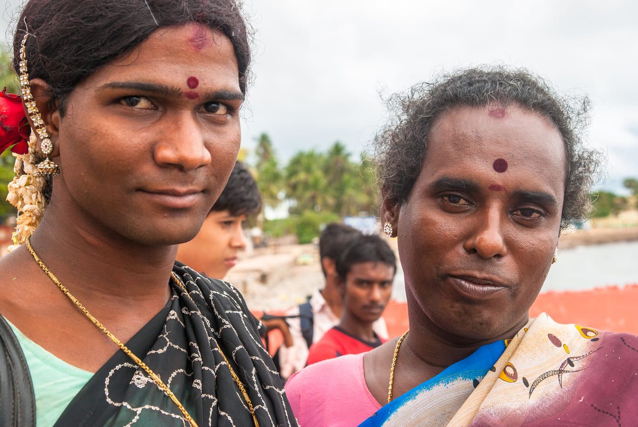 Two unidentified hijras, or transgender women in a Rameshwaram street. They prefer the title Kinnar, referring to mythological beings who excel at song and dance