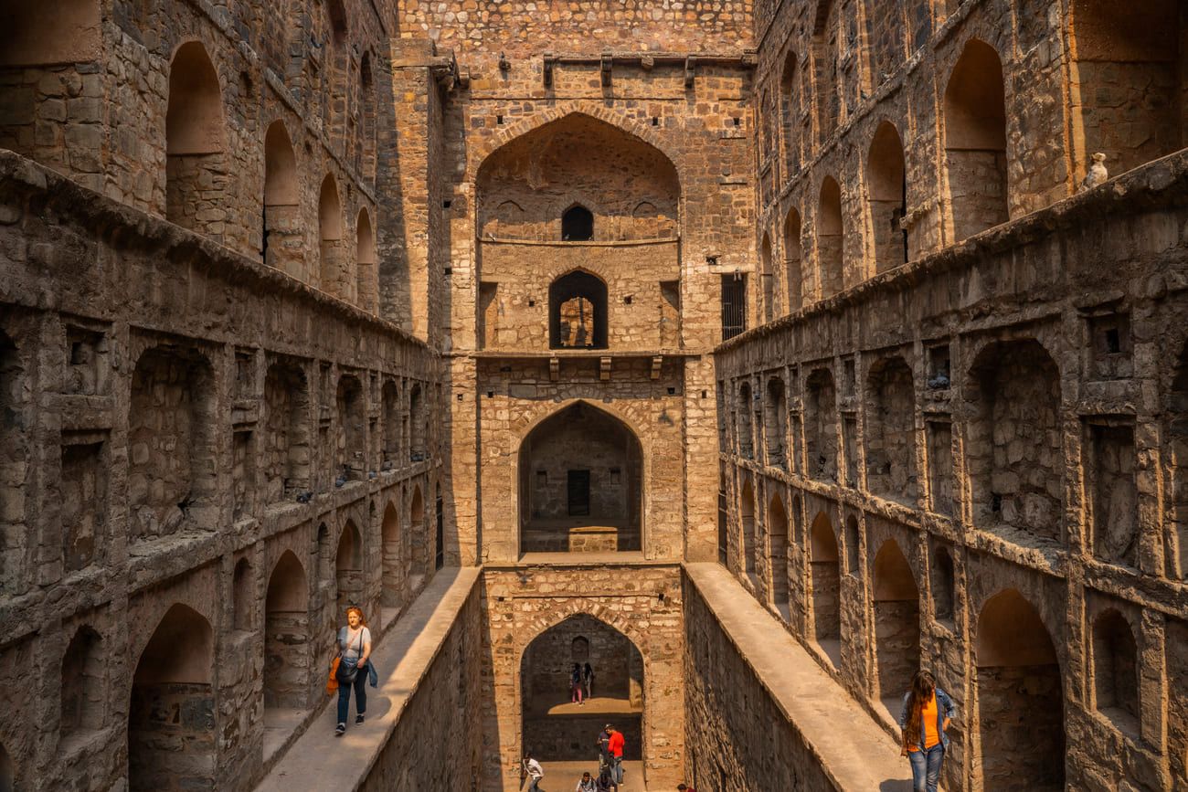 View of Agrasen-ki-Baoli, a 60-meter wide historical step-well on Hailey Road in Jantar Mantar, near Connaught Place, New Delhi 