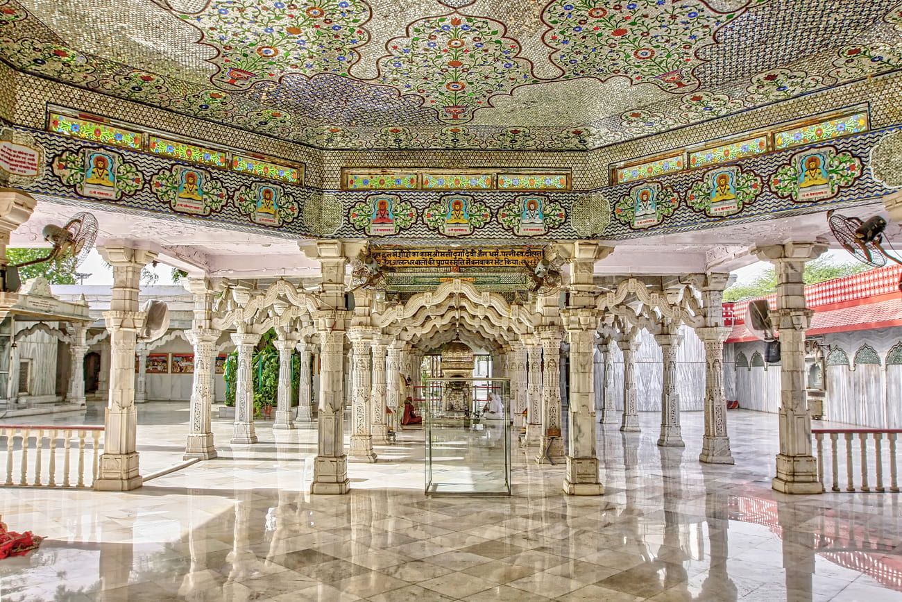 View of the ancient Dadabari Jain Temple in the Mehrauli Archeological Park in the southern district of New Delhi, India