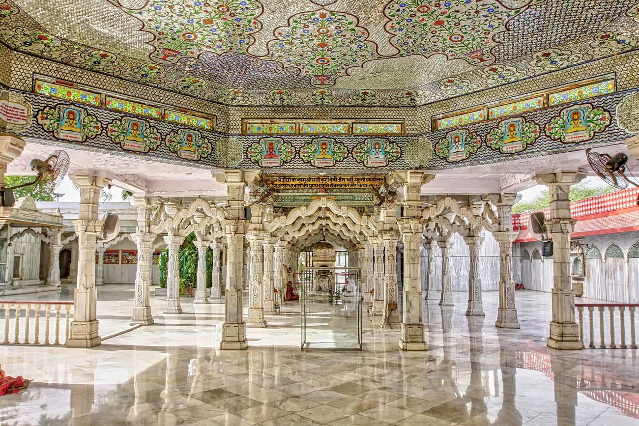 View of the ancient Dadabari Jain Temple in the Mehrauli Archeological Park in the southern district of New Delhi, India 