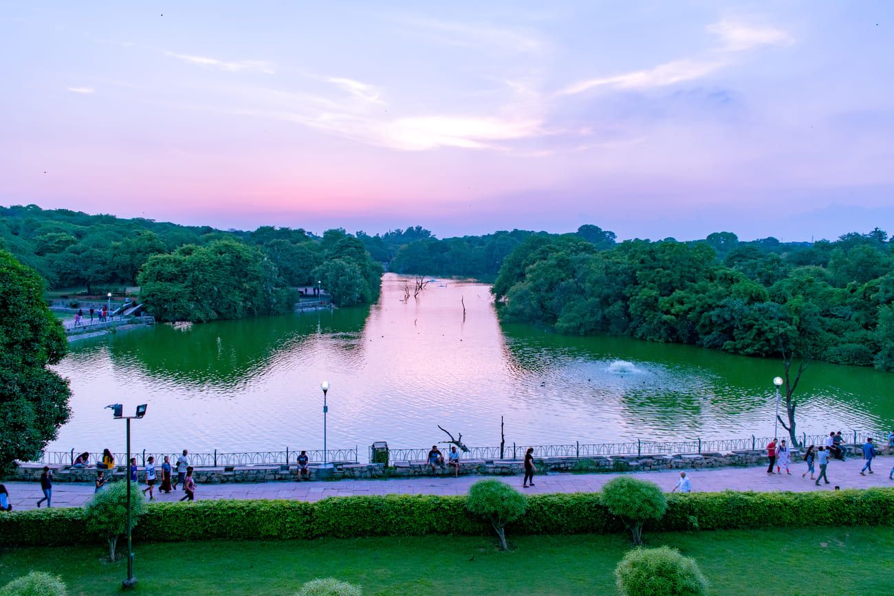 View of the lake at the Hauz Khas medieval complex, a popular tourist attraction in Delhi 