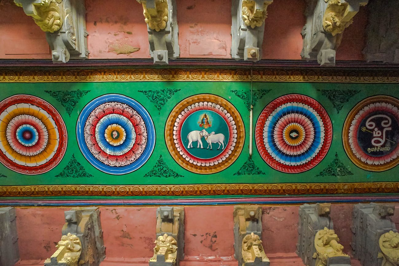 Many walls and ceilings inside Ramanathaswamy Temple are covered with brightly colored paintings 