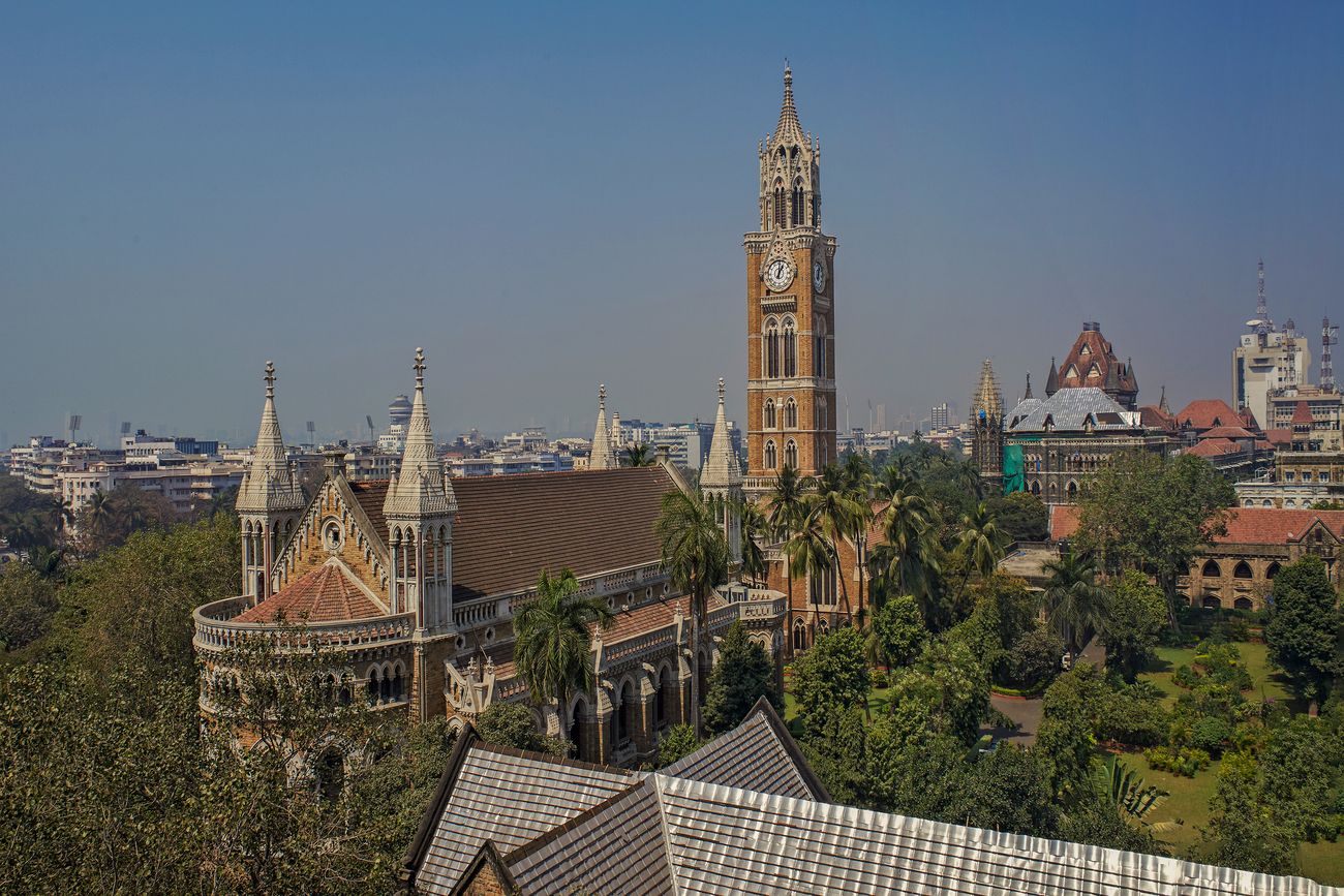 As captured from the Watson Hotel that has now been renamed Esplanade Mansions, the Rajabai tower with its striking architecture. The tower is modelled on London's Big Ben, it is a fusion of Venetian and Gothic styles and chimes every 15 minutes