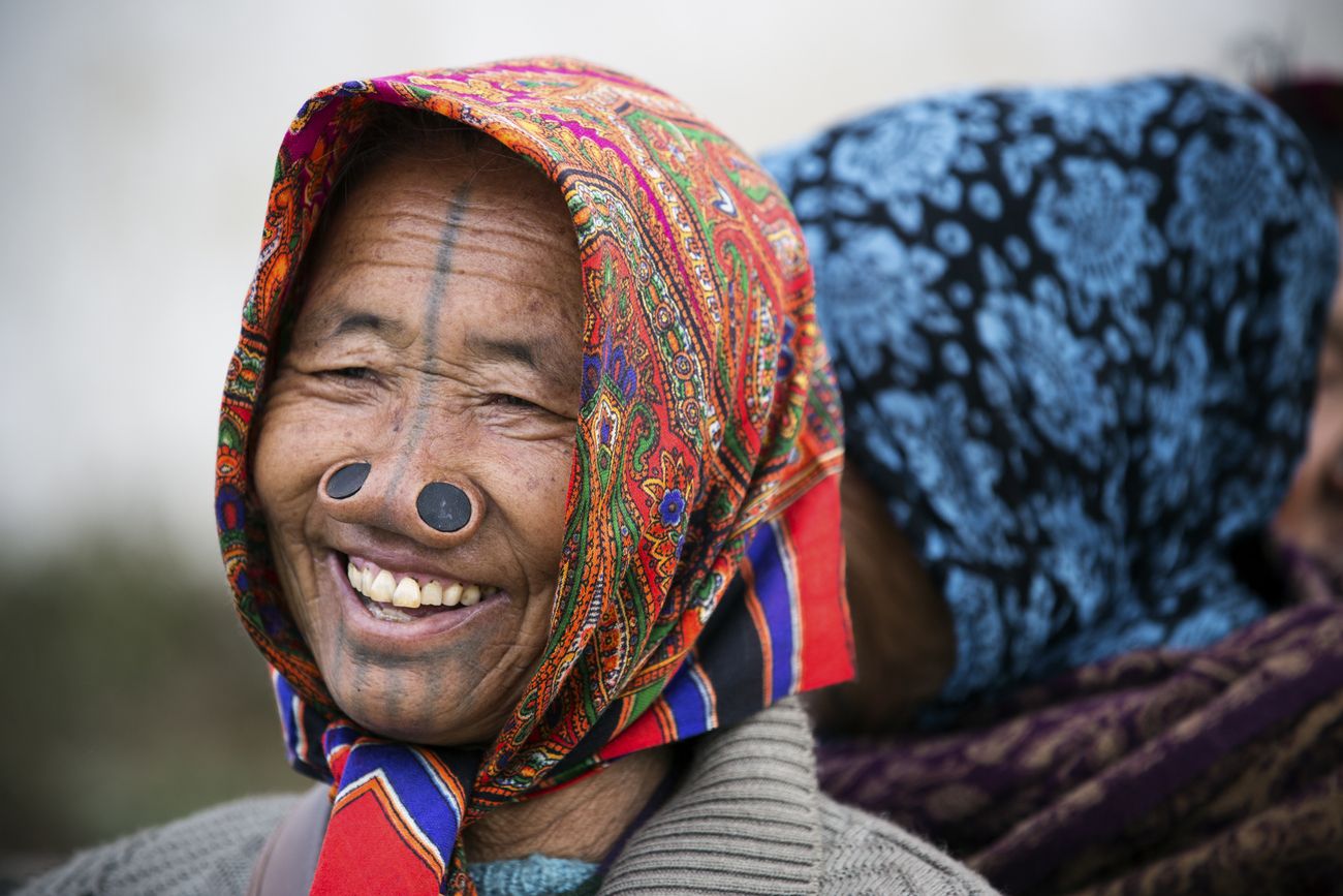 You will find Apatani women in Ziro, with nose plugs, and face tattoos. It was an obligatory ancient tradition to easily identify the Apatani females