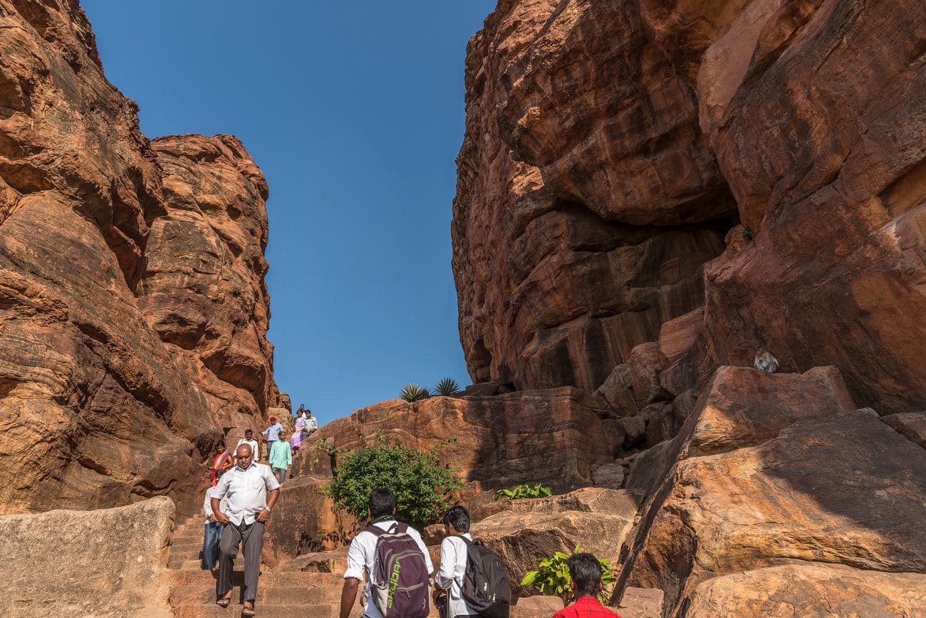 the carved rocky mountain of Badami caves in Badami, Karnataka