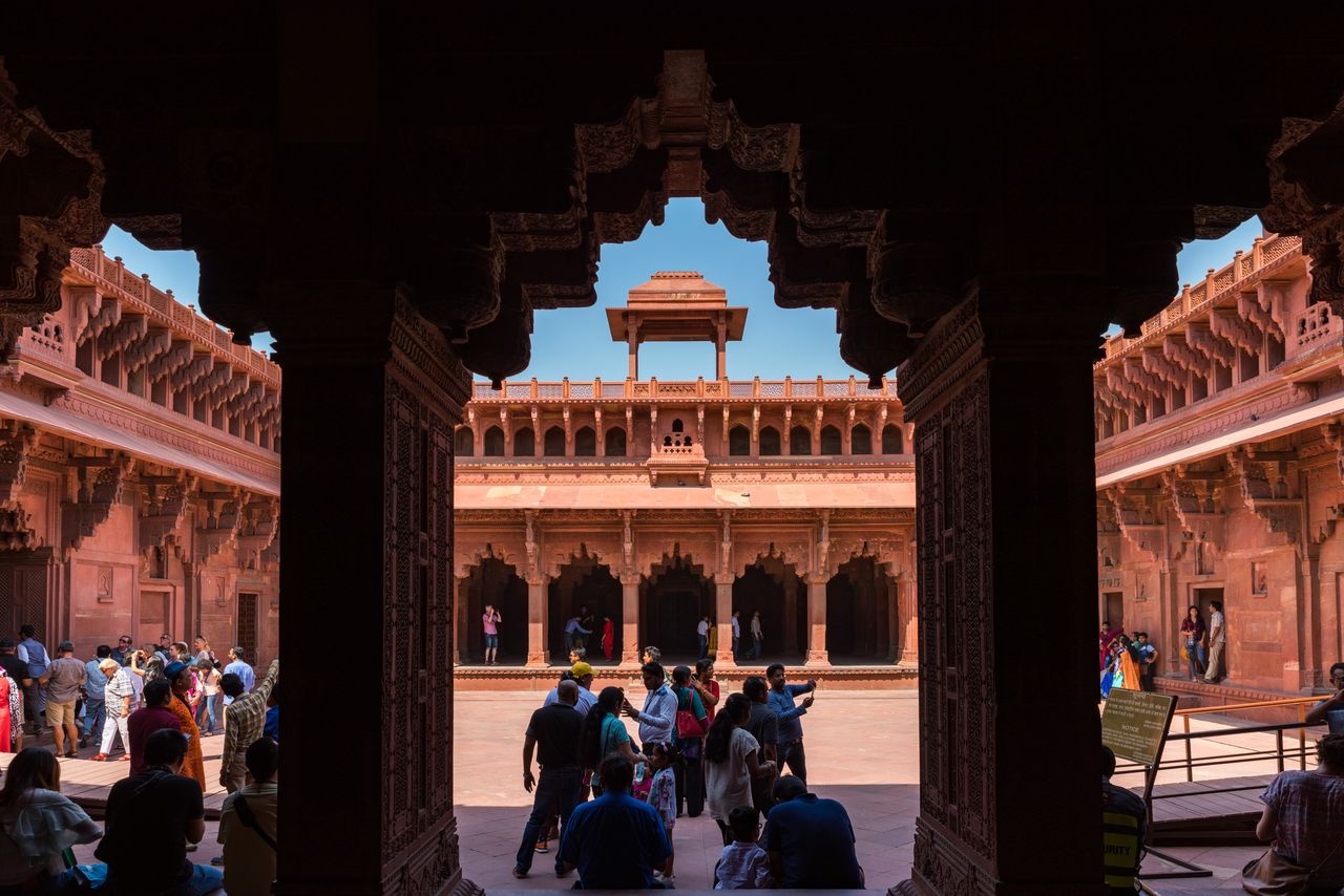 The courtyard of the Jahangir Mahal in the Red Fort of Agra.