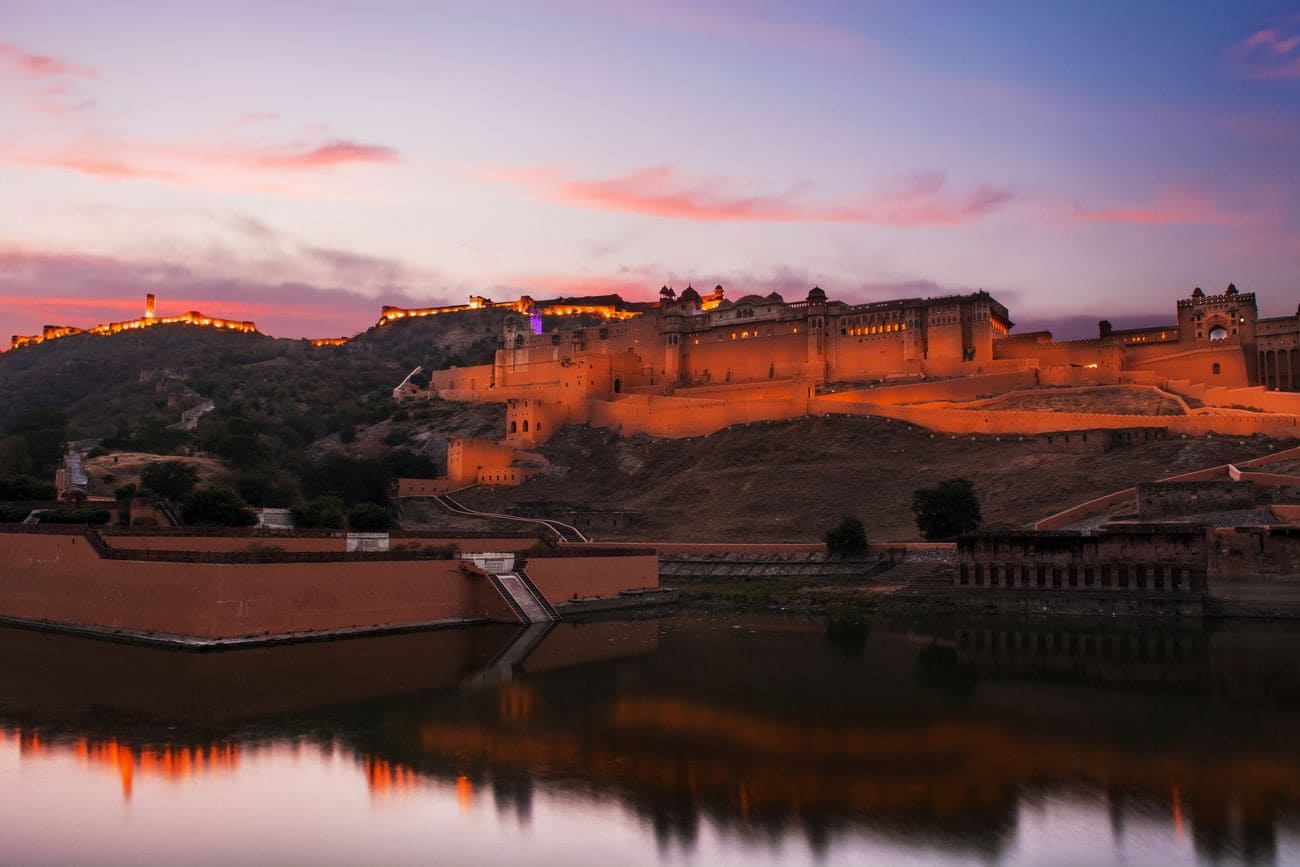 sun sets outside the Amer Fort,