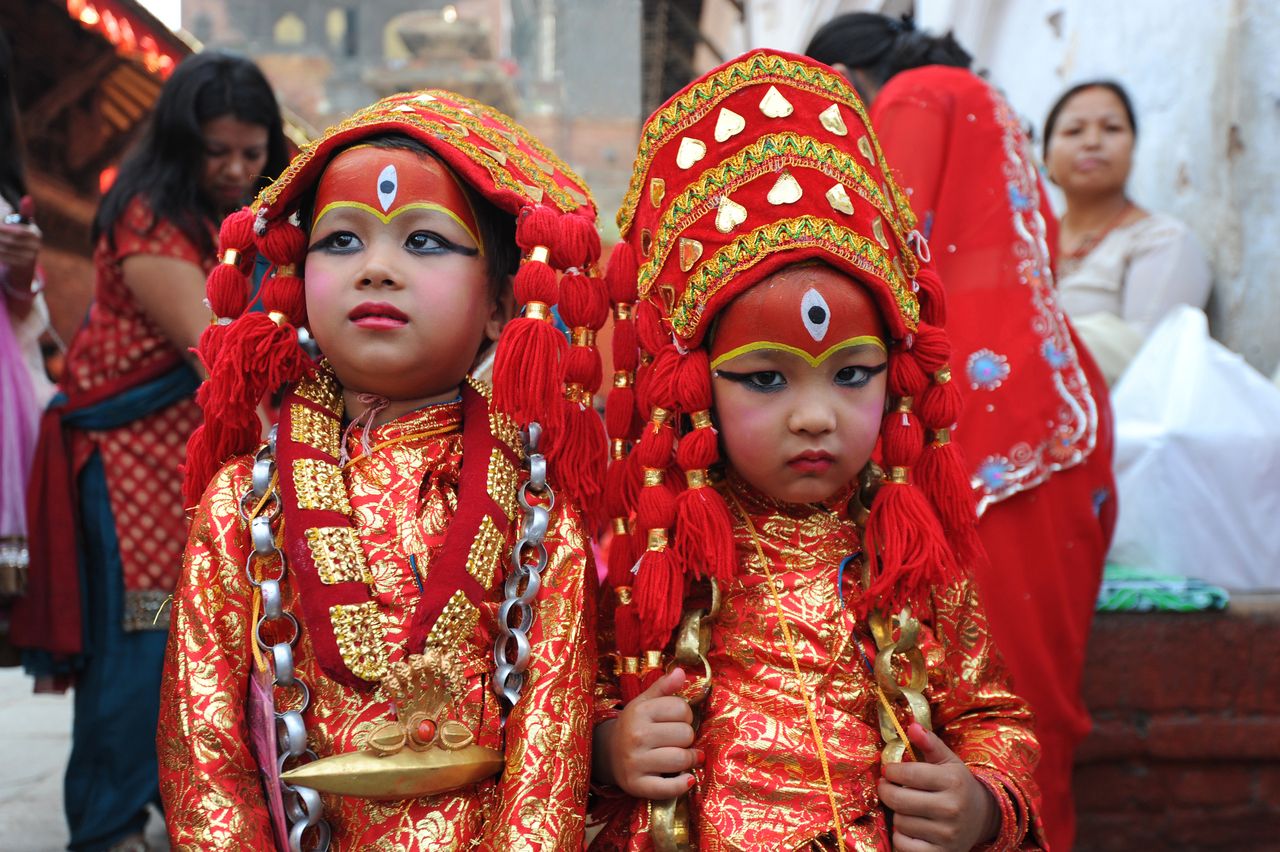 Young girls dressed as Kumari during the Indra Jatra Festival kathmandu