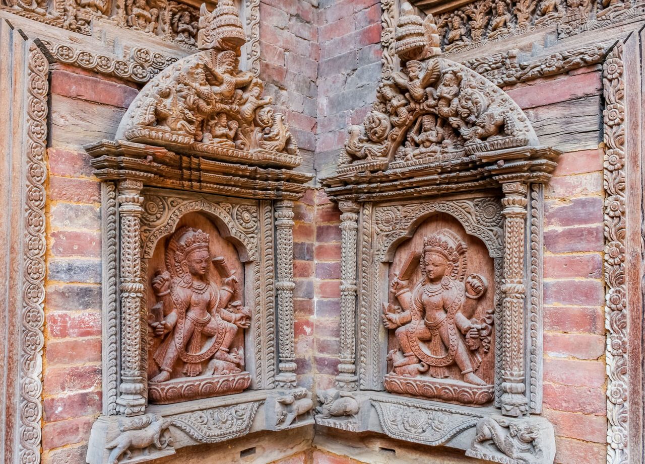 Carved statues on Mul Chowk courtyard wall, Hanuman Dhoka kathmandu