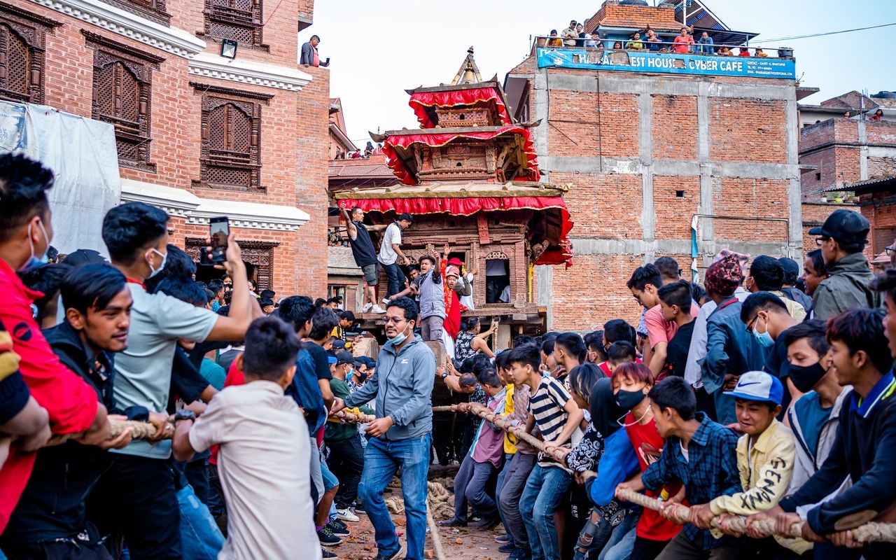 Newari people celebrating local Biska festival at Bhaktapur