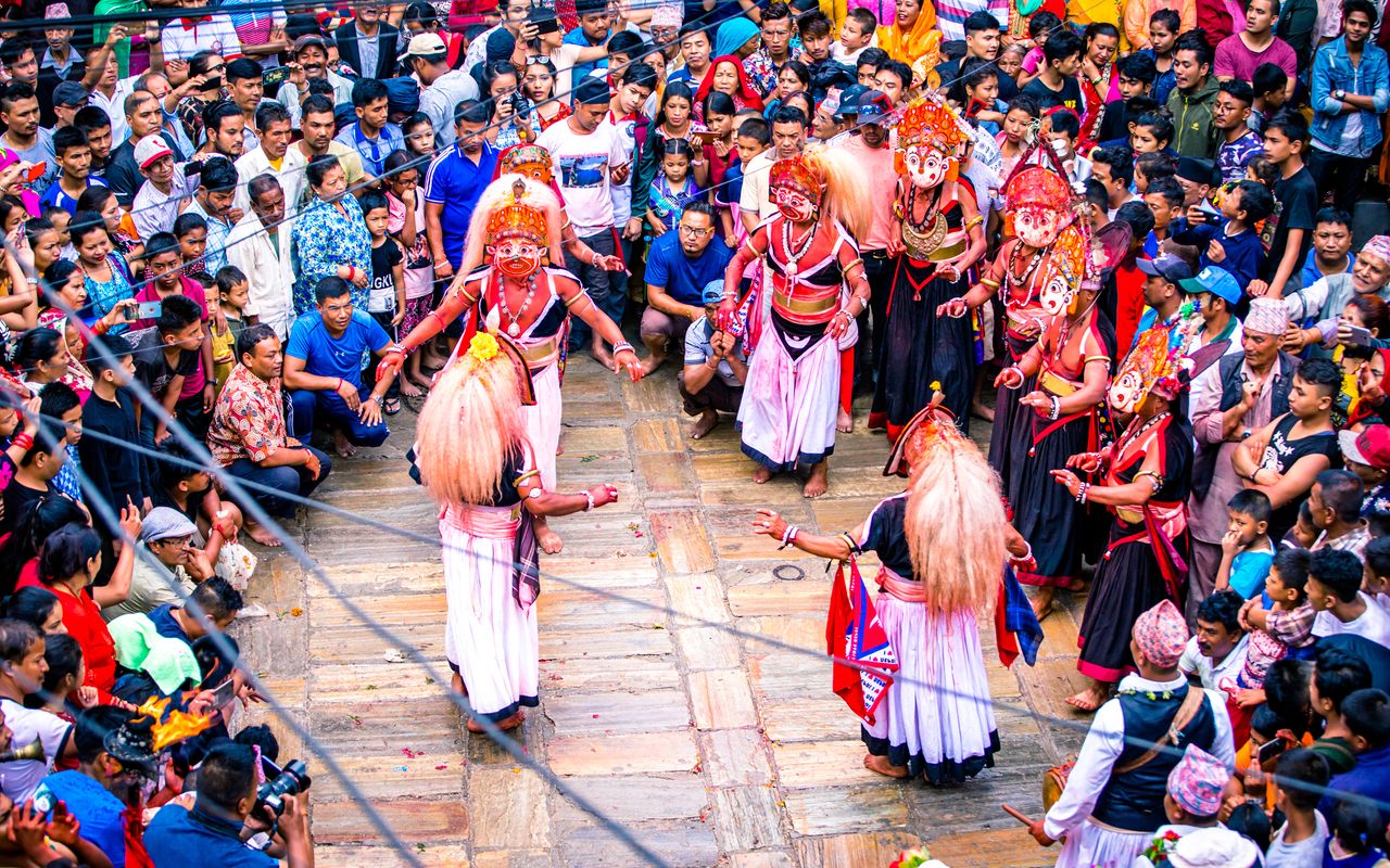 Masked people dance during the Nil Barahi dance festival in Bhaktapur