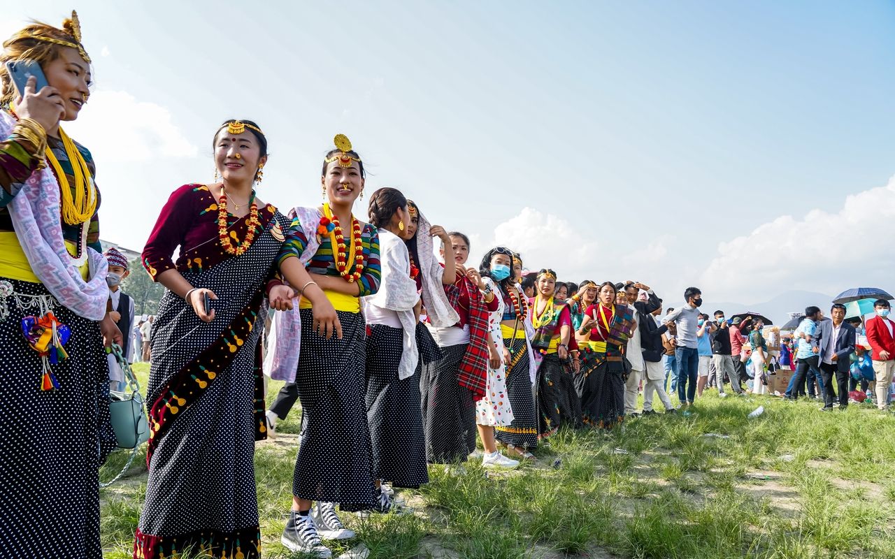 Kirat community people wearing traditional dress for Ubhauli festival Kathmandu