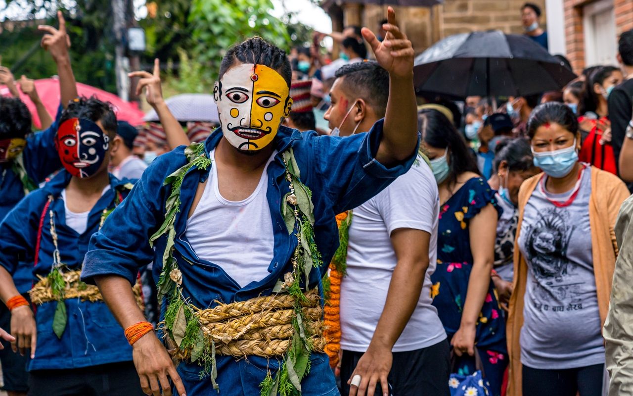 Newari People dancing in Gaijatra Festival kathmandu