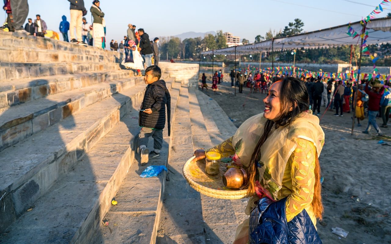 devotee returing home after celebration “Chhath” festival Kathmandu